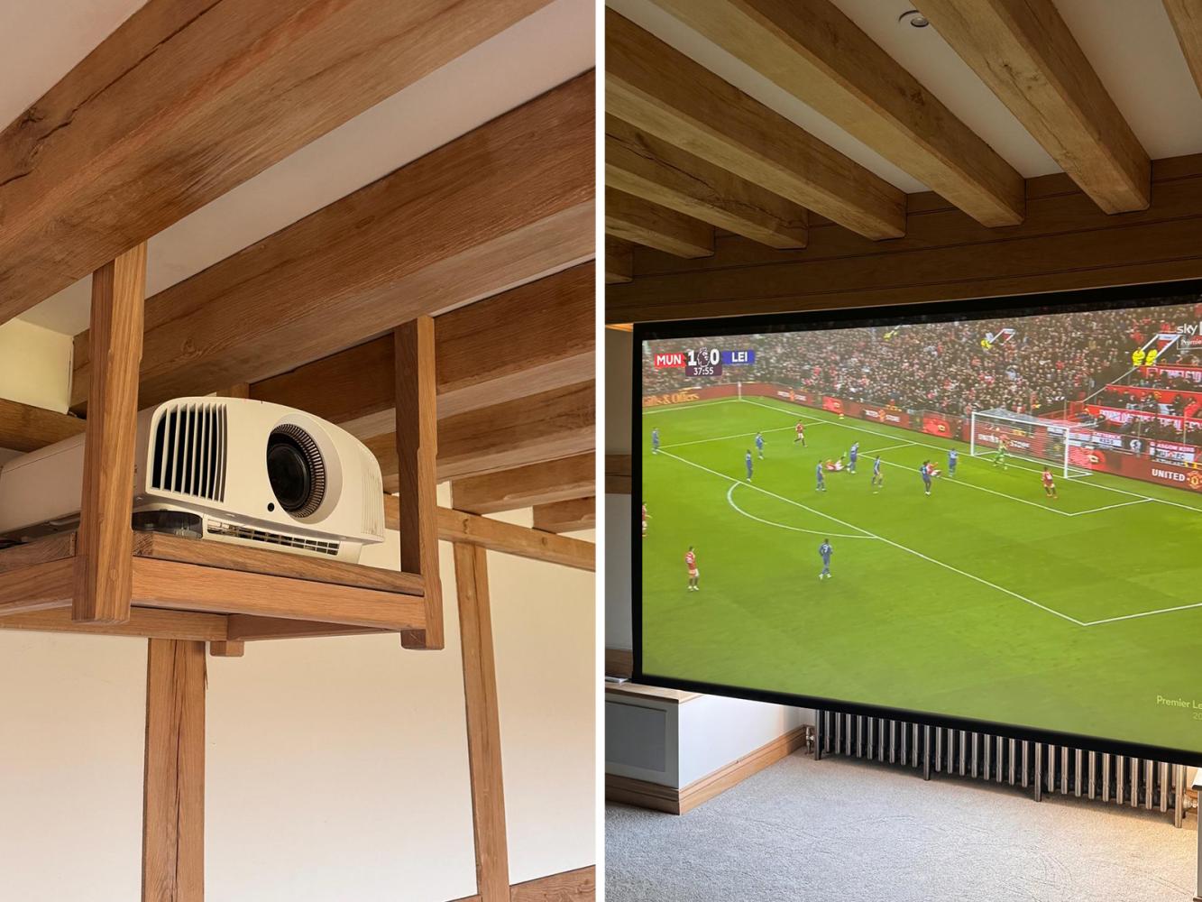 Projector screen and projector lift in oak beam house