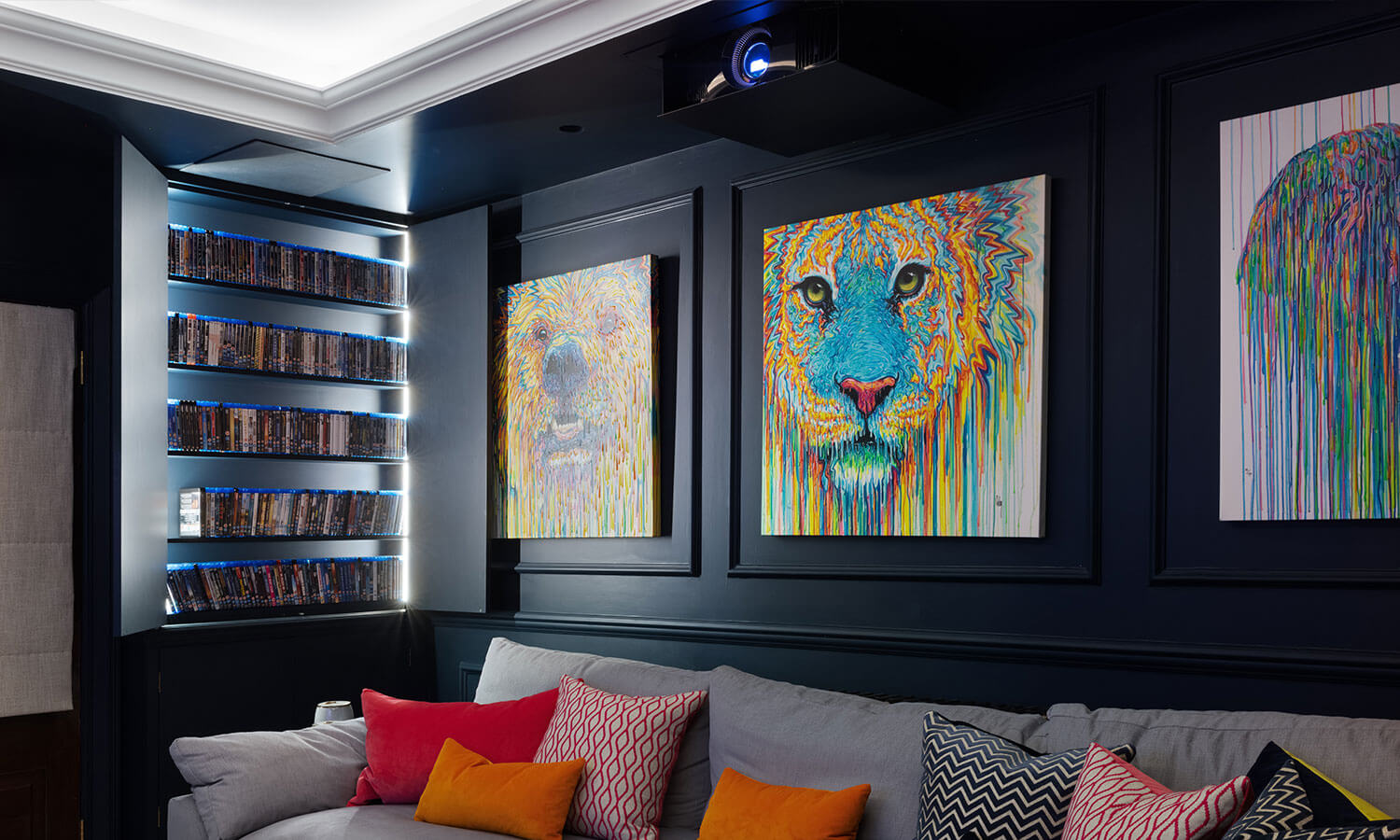 Projector in home cinema with lion artwork and cabinet with dvd collection