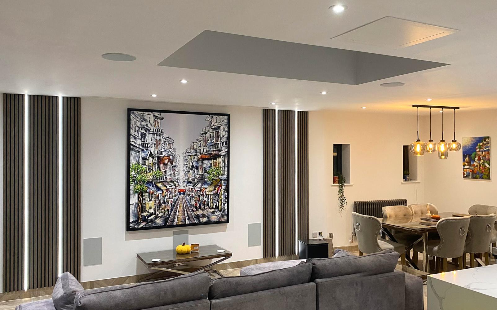 Projector screen coming down in front of TV in living room home theatre