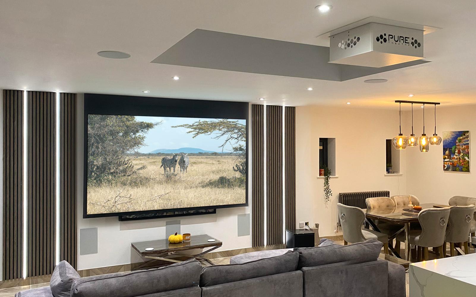 TV on media wall with cabinetry below