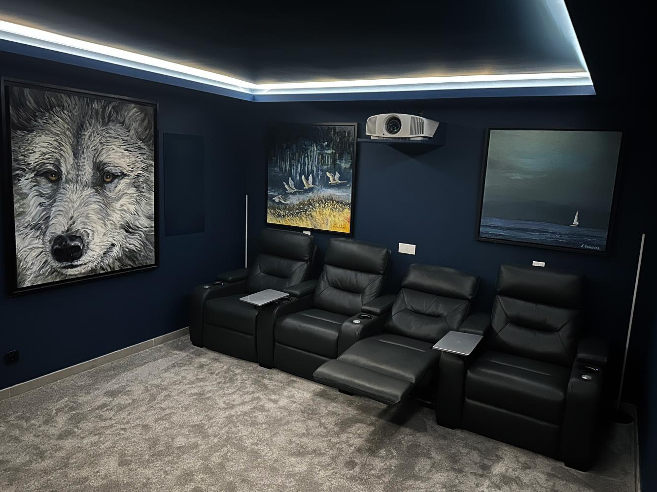 Dark dedicated cinema room with cinema seating