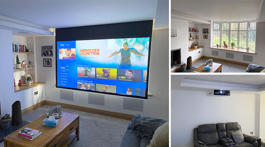 Living room home cinema with projector screen