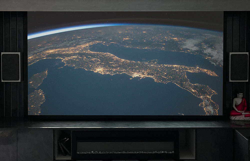 concealed projector screen showing earth