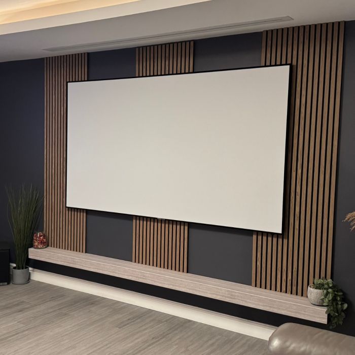 Acoustically Transparent projector screen on slat wood