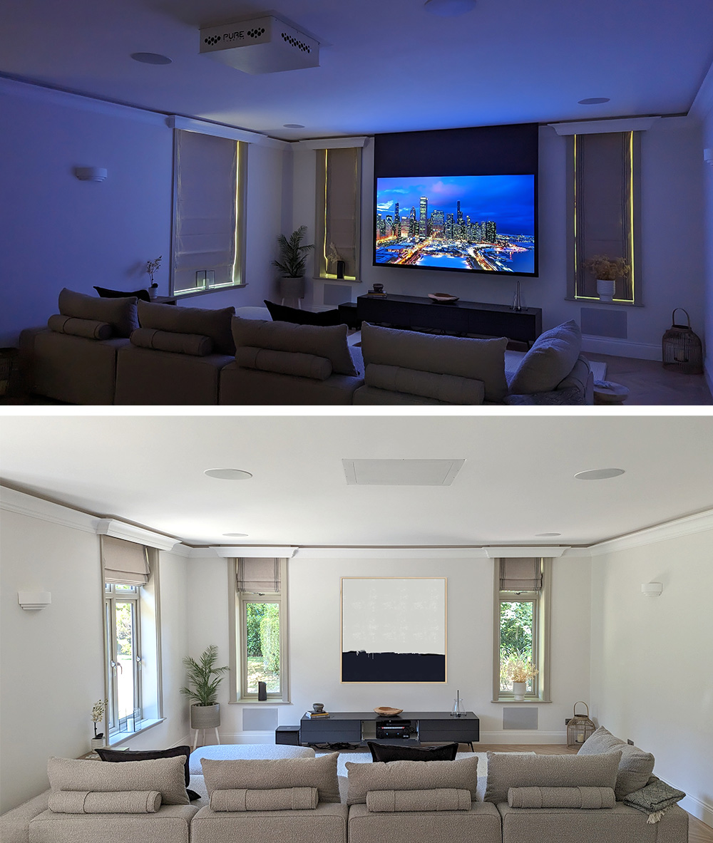Dark cinema room for movie nights and modern living room in day