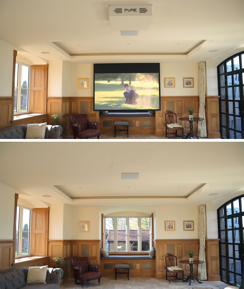 Oak Panelled Living room home cinema with a 120